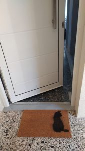 The Oasis Apartment main entrance with a black cat mat